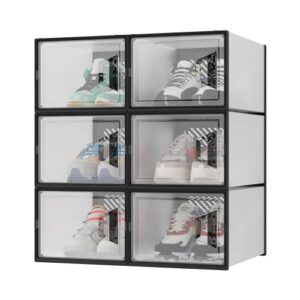 closacessy 6 pack shoe box clear platic stackable shoe storage containers, drop front sneaker storage space saving shoe organizer box, fit up to size 14 black