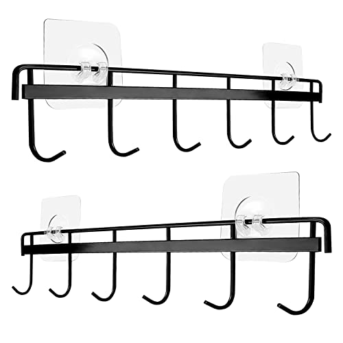 2 Pack Kitchen Adhesive Wall Hooks Rack Rail,Spoon Hanger for Kitchen Hanging Spatulas Measuring Spoons Space Saving No Drilling Hanger with 6 Hooks for Bathroom Bedroom Closet(Black）