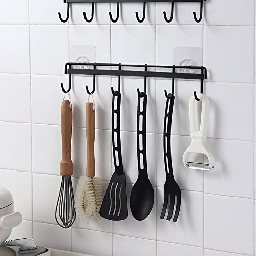 2 Pack Kitchen Adhesive Wall Hooks Rack Rail,Spoon Hanger for Kitchen Hanging Spatulas Measuring Spoons Space Saving No Drilling Hanger with 6 Hooks for Bathroom Bedroom Closet(Black）