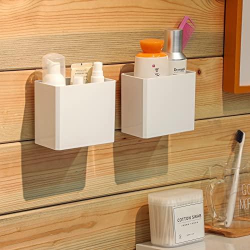 Floating Shelves Wall Bin Organizer Adhesive Wall Mounted Plastic Storage Organizer No Drilling White Hanging Storage Containers Makeup Organizer Shelf for Office Bedroom Kitchen Home Room (2 Pcs)