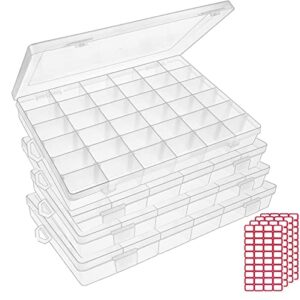 4pack 36 grids plastic clear organizer box bead storage containers with adjustable dividers for craft jewelry fishing tackles parts storage with 4 sheets label stickers
