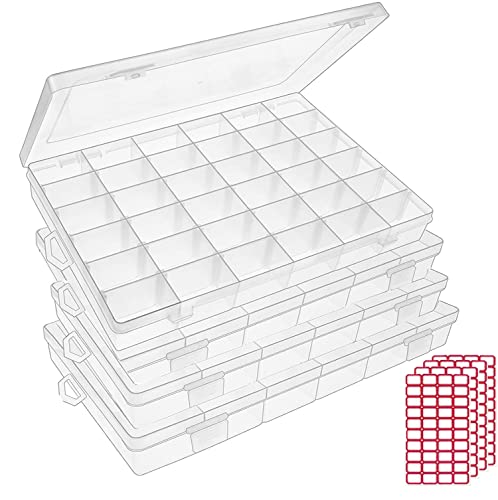 4pack 36 Grids Plastic Clear Organizer Box Bead Storage Containers with Adjustable Dividers for Craft Jewelry Fishing Tackles Parts Storage with 4 Sheets Label Stickers