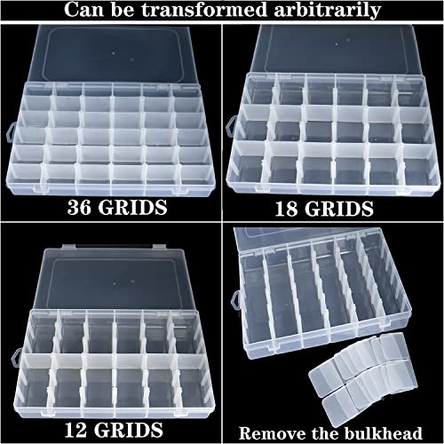 4pack 36 Grids Plastic Clear Organizer Box Bead Storage Containers with Adjustable Dividers for Craft Jewelry Fishing Tackles Parts Storage with 4 Sheets Label Stickers