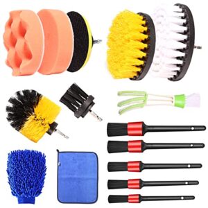 monrand 19pcs detailing brush set car cleaning kit car wash kit for car interior cleaning kit，,car wheel brush,air outlet brush, wire brush,drill brush set,polishing pads kit(yellow)