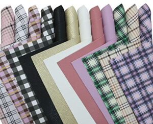 ozxchixu 12 pcs/set plaid & solid colors faux leather sheets,grain texture embossed leather bundle set 8" x 12" a4 checks printed mixed colors synthetic leather for earring bows making diy crafts