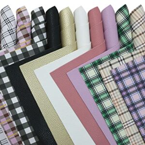 OZXCHIXU 12 Pcs/Set Plaid & Solid Colors Faux Leather Sheets,Grain Texture Embossed Leather Bundle Set 8" x 12" A4 Checks Printed Mixed Colors Synthetic Leather for Earring Bows Making DIY Crafts