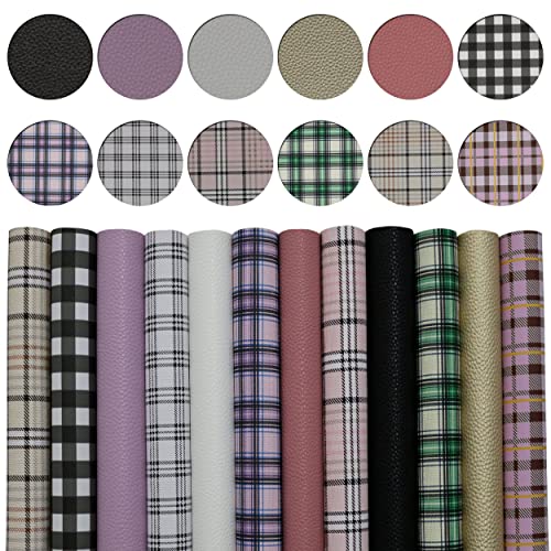 OZXCHIXU 12 Pcs/Set Plaid & Solid Colors Faux Leather Sheets,Grain Texture Embossed Leather Bundle Set 8" x 12" A4 Checks Printed Mixed Colors Synthetic Leather for Earring Bows Making DIY Crafts