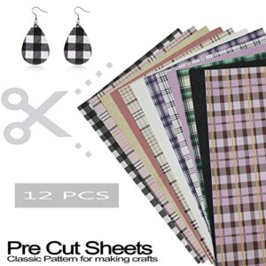 OZXCHIXU 12 Pcs/Set Plaid & Solid Colors Faux Leather Sheets,Grain Texture Embossed Leather Bundle Set 8" x 12" A4 Checks Printed Mixed Colors Synthetic Leather for Earring Bows Making DIY Crafts