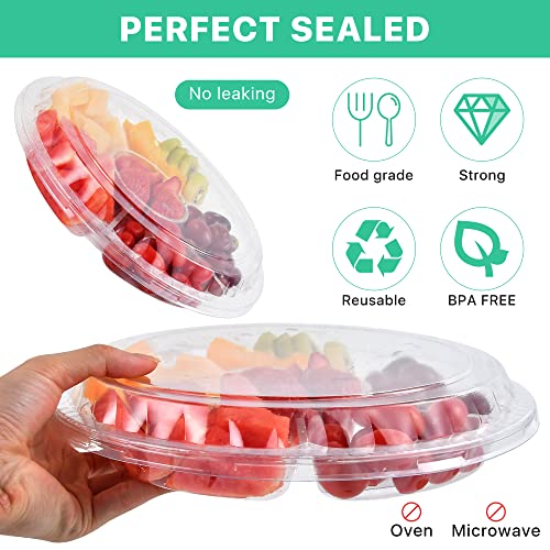 10 Pack Round Appetizer Serving Trays with Lids, 10 Inch Clear Plastic Veggie Fruit Snack Vegetable Food Serving Platters, Disposable Compartments 6 Sectional Catering Trays for Party and Buffet