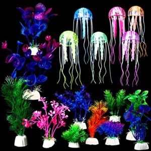yinder 17 pcs fish tank decorations, include 11 aquatic plants and 6 artificial jellyfish, colorful fish tank plastic plants accessories for aquarium household and office fish tank