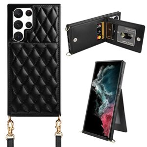 coolden for galaxy s22 ultra cases 6.8" quilted leather women luxury phone cover crossbody strap kickstand slim square armor card holder slots wallet case for samsung s22 ultra, black