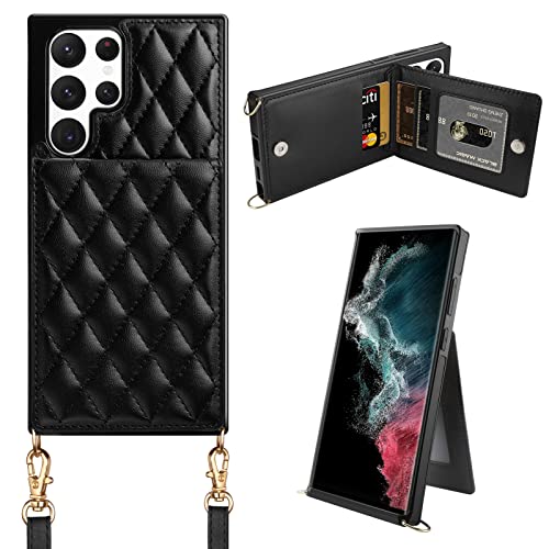 Coolden for Galaxy S22 Ultra Cases 6.8" Quilted Leather Women Luxury Phone Cover Crossbody Strap Kickstand Slim Square Armor Card Holder Slots Wallet Case for Samsung S22 Ultra, Black