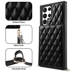 Coolden for Galaxy S22 Ultra Cases 6.8" Quilted Leather Women Luxury Phone Cover Crossbody Strap Kickstand Slim Square Armor Card Holder Slots Wallet Case for Samsung S22 Ultra, Black