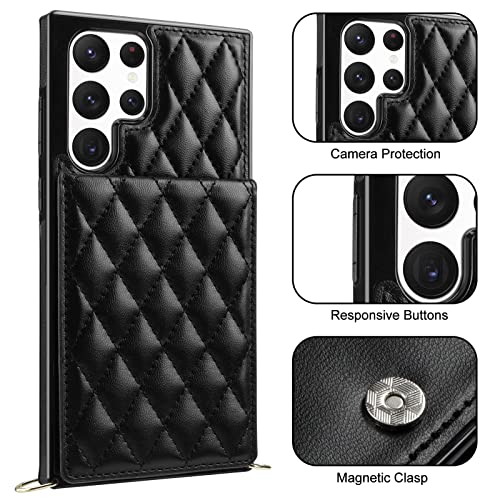 Coolden for Galaxy S22 Ultra Cases 6.8" Quilted Leather Women Luxury Phone Cover Crossbody Strap Kickstand Slim Square Armor Card Holder Slots Wallet Case for Samsung S22 Ultra, Black