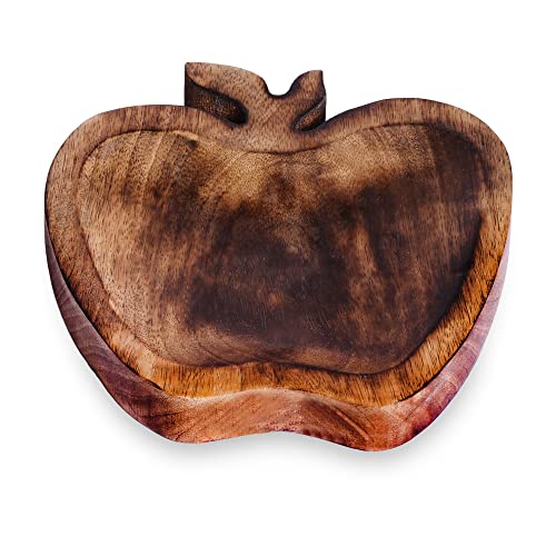 EARTHLY HOME Wooden Apple Shape Serving Tray, Wooden Tray with Handles Natural Finish, Great for Dinner Trays, Tea Tray, Bar Tray, Breakfast Tray - Hand Carving Unique Furnishing,8"