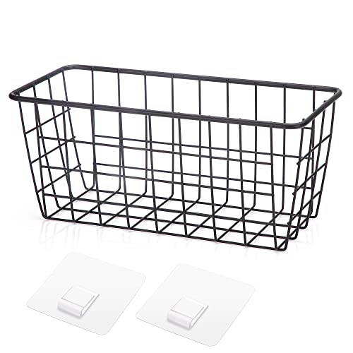 Hanging Kitchen Baskets Adhesive Sturdy Wire Storage Baskets with Kitchen Food Pantry Bathroom Shelf Storage No Drilling Wall Mounted,Black,2 Pack