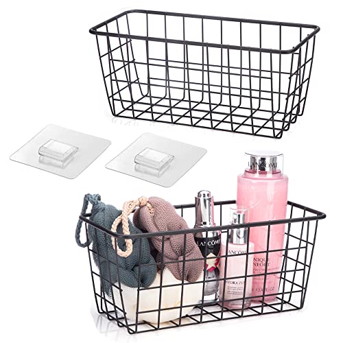 Hanging Kitchen Baskets Adhesive Sturdy Wire Storage Baskets with Kitchen Food Pantry Bathroom Shelf Storage No Drilling Wall Mounted,Black,2 Pack