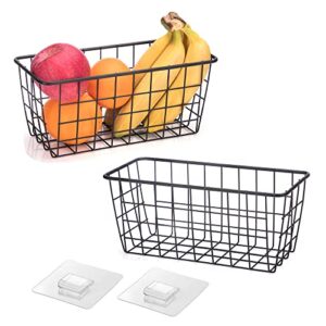 Hanging Kitchen Baskets Adhesive Sturdy Wire Storage Baskets with Kitchen Food Pantry Bathroom Shelf Storage No Drilling Wall Mounted,Black,2 Pack