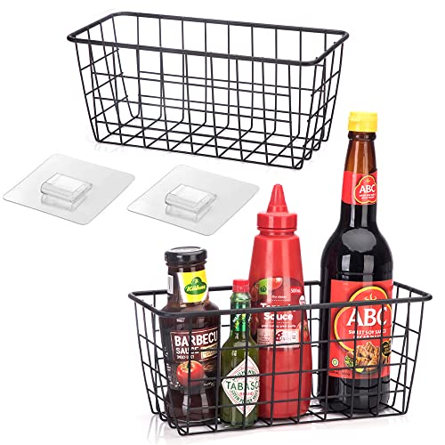 Hanging Kitchen Baskets Adhesive Sturdy Wire Storage Baskets with Kitchen Food Pantry Bathroom Shelf Storage No Drilling Wall Mounted,Black,2 Pack