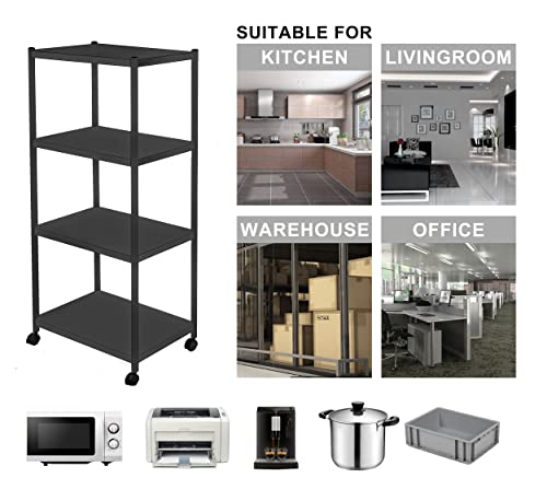 JEPRECO 4-Tier Stainless Steel Utility Shelving Unit with Wheels 23.6" L x 13.8" W x 43.5" H, Kitchen Baker's Rack Microwave Stand Cart for Kitchen Office Home, Multi-Purpose Organizer Rack (Black)