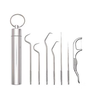 dental pick portable stainless steel tooth pick set reusable tooth stains remover dental tool teeth cleaning tools with holder for outdoor picnic, camping, travel (7pcs/set)
