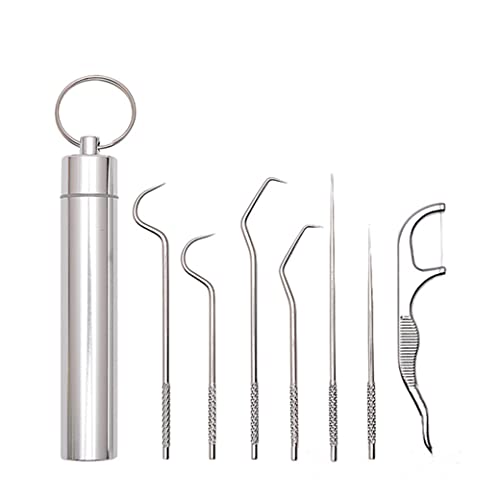 Dental Pick Portable Stainless Steel Tooth Pick Set Reusable Tooth Stains Remover Dental Tool Teeth Cleaning Tools with Holder for Outdoor Picnic, Camping, Travel (7PCS/Set)