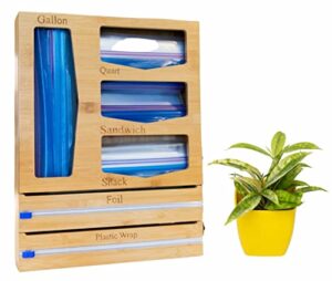 bamboo ziplock bag organizer, kitchen food storage organizer, baggie organizer for kitchen plastic bag storage, foil, plastic wrap, gallon, quart, sandwich, snack