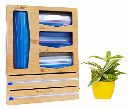 Bamboo Ziplock Bag Organizer, Kitchen Food Storage organizer, Baggie organizer for Kitchen Plastic Bag Storage, Foil, Plastic Wrap, Gallon, Quart, Sandwich, Snack