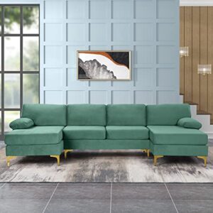 modern large velvet fabric u-shape sectional sofa, double extra wide chaise lounge couch with gold legs