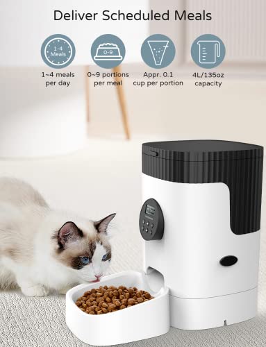 SHANDII Automatic Cat Feeder, 4L Programmable Pet Food Dispenser with Timer and Portion Control, 1-4 Meals per Day, Button-Lock Lid with Desiccant Bag, 10s Voice Recorder, BF40