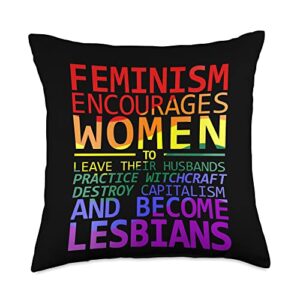 funny feminist memes feminism encourages women to become lesbians meme throw pillow, 18x18, multicolor