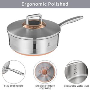 RD ROYDX Stainless Steel Deep Saute Pan With lid Copper Core 10 Inch Tri-ply Impact-bonded Base Technology Frying Pans for Cooking