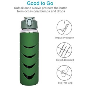 Justfwater 32 oz Borosilicate Glass Water Bottle with Straw Reusable Glass Drinking Bottle with Flip Top Lid and Silicone Sleeve (Green)