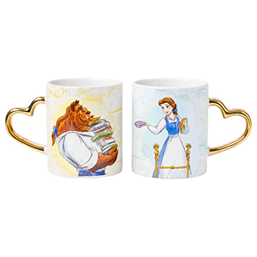 Silver Buffalo Disney Princess Beauty and the Beast Don't Mind the Books Gold Heart Shaped Handle 2 Pack Ceramic Mug Set, 14 Ounces