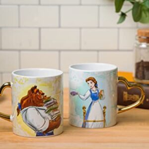 Silver Buffalo Disney Princess Beauty and the Beast Don't Mind the Books Gold Heart Shaped Handle 2 Pack Ceramic Mug Set, 14 Ounces