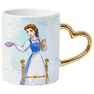 Silver Buffalo Disney Princess Beauty and the Beast Don't Mind the Books Gold Heart Shaped Handle 2 Pack Ceramic Mug Set, 14 Ounces