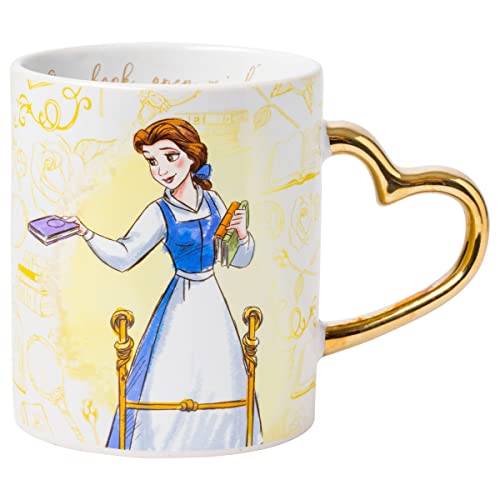 Silver Buffalo Disney Princess Beauty and the Beast Don't Mind the Books Gold Heart Shaped Handle 2 Pack Ceramic Mug Set, 14 Ounces