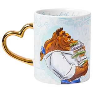 Silver Buffalo Disney Princess Beauty and the Beast Don't Mind the Books Gold Heart Shaped Handle 2 Pack Ceramic Mug Set, 14 Ounces