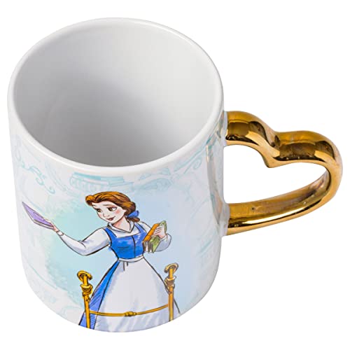 Silver Buffalo Disney Princess Beauty and the Beast Don't Mind the Books Gold Heart Shaped Handle 2 Pack Ceramic Mug Set, 14 Ounces