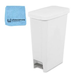 sterilite slim trash can with lid, step on 11 gal white kitchen garbage can for bathroom, bedroom, home, and outdoor, wholesalehome microfiber cleaning cloth included