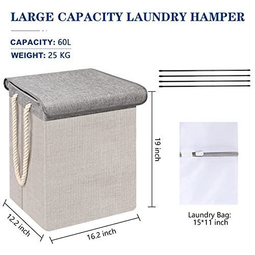 POBOMVOM 60L Laundry Basket with Lid, Hampers for Laundry with Rope Handles Waterproof Lining Detachable Brackets Dirty Clothes Hamper for Bedroom, Bathroom Dorm Organization (19 inches, Light Grey)