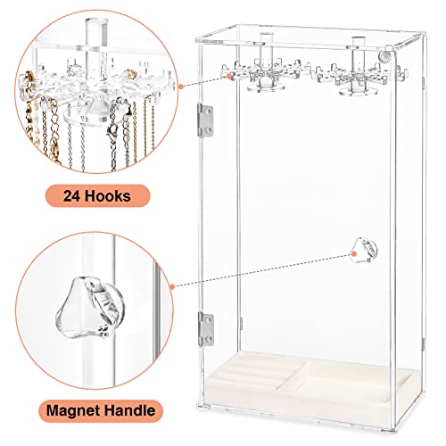 Necklace Holder, Acrylic Jewelry Organizer with 24 Hooks, Rotation Clear Necklaces Pendant Display Case Stand, Dust-proof Velvet jewelry Tray Hanging Rack Storage for Earrings Rings Necklaces