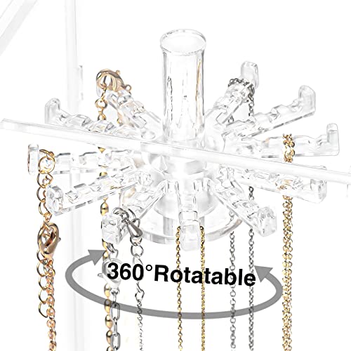 Necklace Holder, Acrylic Jewelry Organizer with 24 Hooks, Rotation Clear Necklaces Pendant Display Case Stand, Dust-proof Velvet jewelry Tray Hanging Rack Storage for Earrings Rings Necklaces