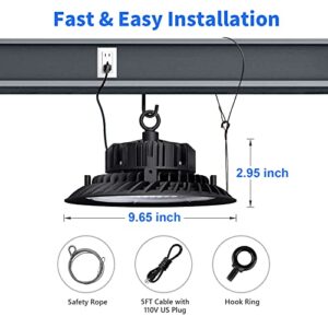 Flohans UFO LED High Bay Light 100W 14,000lm 5000K Daylight 400W MH/HPS Non-Dim, UFO LED Light Equivalent with UL Listed 5’ Cable US Plug for Factory, Warehouse, Basement