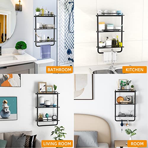 FEILERN Metal Floating Shelves Wall Mounted with Frame and Towel Rack for Bathroom, Living Room, Bedroom, Kitchen (3 Tier, Black)