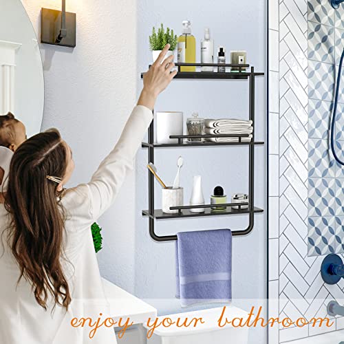 FEILERN Metal Floating Shelves Wall Mounted with Frame and Towel Rack for Bathroom, Living Room, Bedroom, Kitchen (3 Tier, Black)