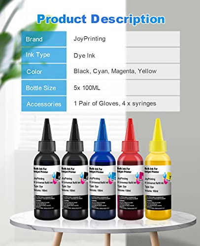 JoyPrinting Ink Refill Kit for HP Printer Cartridges HP 67 60 61 62 63 65 950 951 952 962 920 901 902 932 933 934 940 Refillable Ink Cartridges CISS System (5 x 100ml, Black, Cyan, Magenta, Yellow)