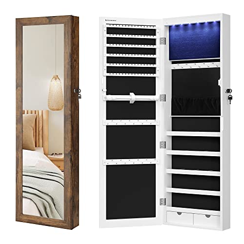 SONGMICS Mirror Jewelry Cabinet Bundle, 6 LEDs Jewelry Organizer, 47.2-Inch Lockable Wall or Door Mounted Jewelry Armoire with Mirror, 2 Drawers, White and Rustic Brown UJJC93W and UJJC93CB