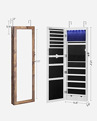 SONGMICS Mirror Jewelry Cabinet Bundle, 6 LEDs Jewelry Organizer, 47.2-Inch Lockable Wall or Door Mounted Jewelry Armoire with Mirror, 2 Drawers, White and Rustic Brown UJJC93W and UJJC93CB