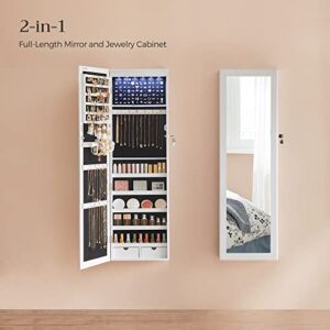 SONGMICS Mirror Jewelry Cabinet Bundle, 6 LEDs Jewelry Organizer, 47.2-Inch Lockable Wall or Door Mounted Jewelry Armoire with Mirror, 2 Drawers, White and Rustic Brown UJJC93W and UJJC93CB